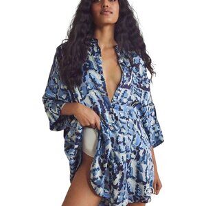 Free People Goddess Blue Floral Cottagecore Boho Oversized Sleep Shirt Tunic  M